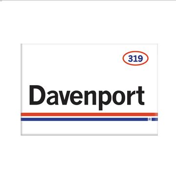 Retro style rectangular magnet. White base with a orange oval in the top right surrounding "319" in red print. Black text to the left says, "Davenport" with orange and blue lines below that.