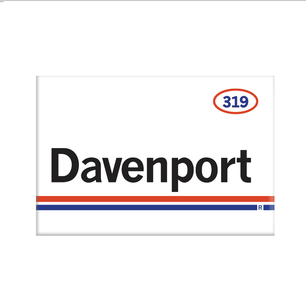 Retro style rectangular magnet. White base with a orange oval in the top right surrounding "319" in red print. Black text to the left says, "Davenport" with orange and blue lines below that.