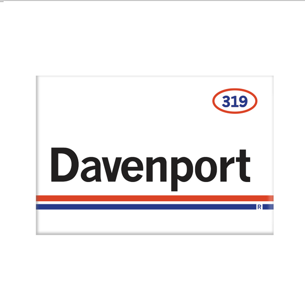 Retro style rectangular magnet. White base with a orange oval in the top right surrounding 