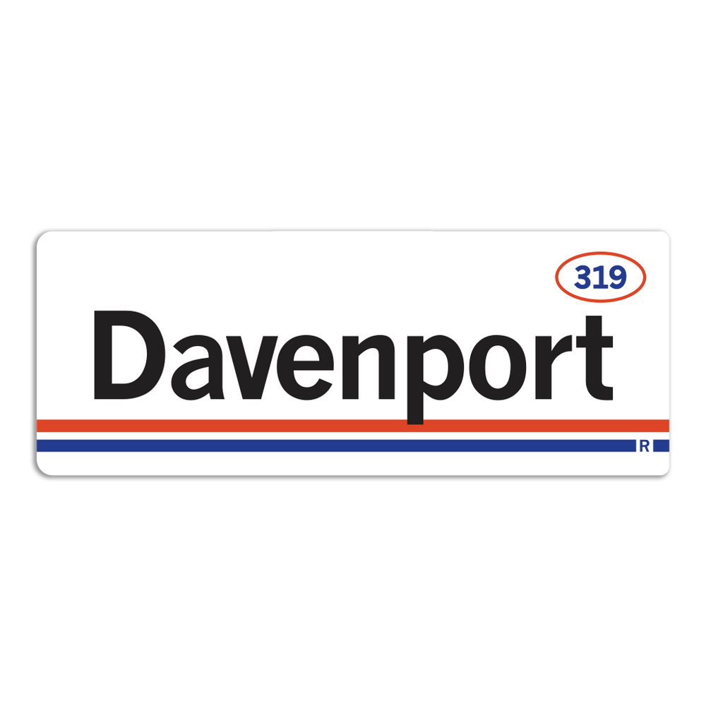 Retro style rectangular sticker. White base with a orange oval in the top right surrounding "319" in red print. Black text to the left says, "Davenport" with orange and blue lines below that.