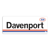 Retro style rectangular sticker. White base with a orange oval in the top right surrounding "319" in red print. Black text to the left says, "Davenport" with orange and blue lines below that.