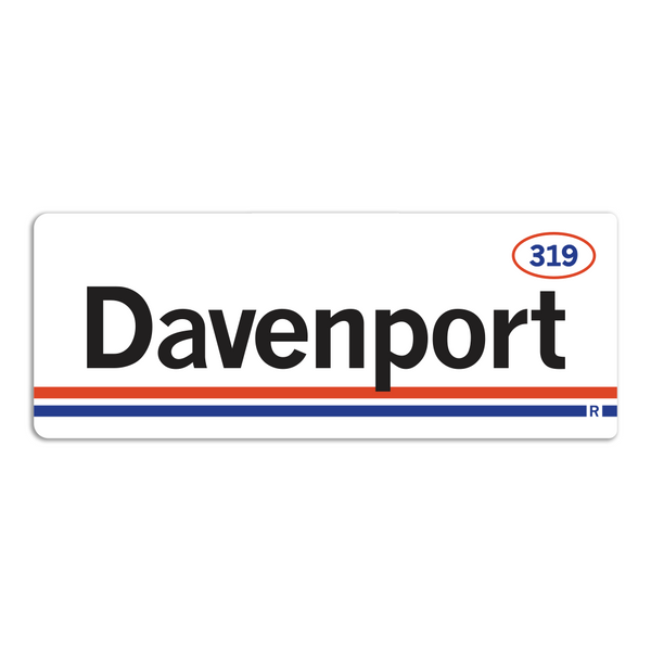 Retro style rectangular sticker. White base with a orange oval in the top right surrounding 