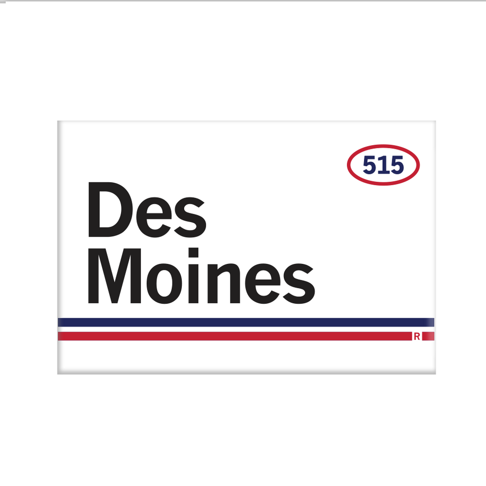 Retro style rectangular magnet. White base with a red oval in the top right surrounding "515" in blue print. Black text to the left says, "Des Moines" with blue and red lines below that.