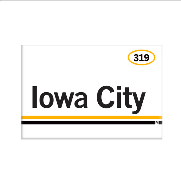 Retro style rectangular magnet. White base with a yellow oval in the top right surrounding 