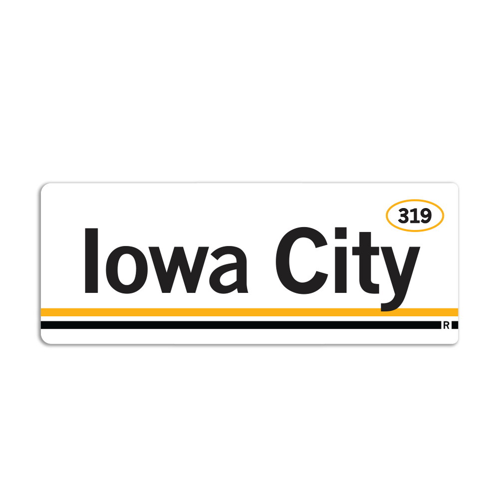 Retro style rectangular sticker. White base with a yellow oval in the top right surrounding "319" in black print. Black text to the left says, "Iowa City" with yellow and black lines below that.