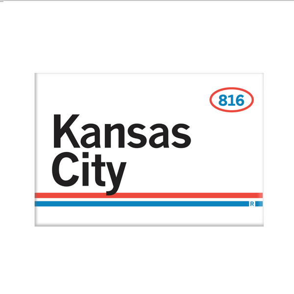 Retro style rectangular magnet. White base with a orange oval in the top right surrounding 