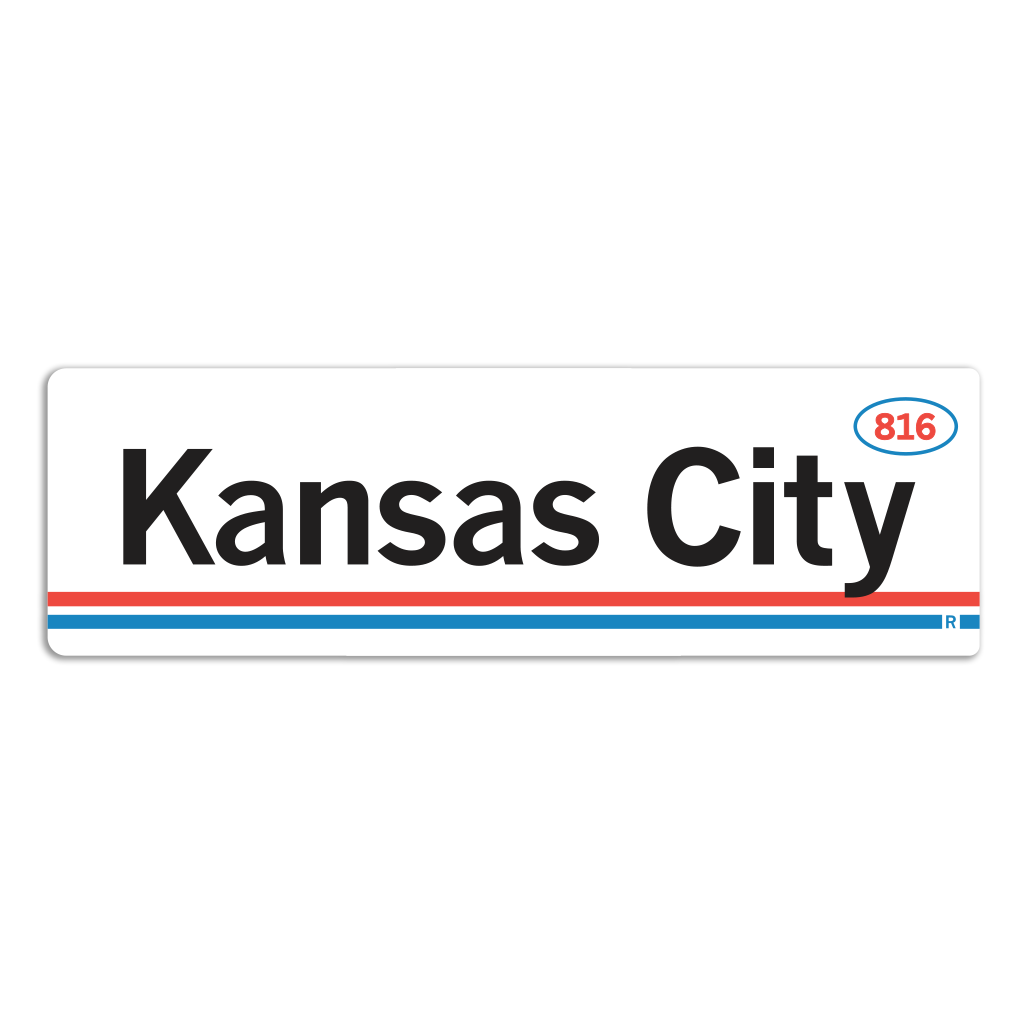 Retro style rectangular sticker. White base with a orange oval in the top right surrounding "816" in blue print. Black text to the left says, "Kansas City" with orange and blue lines below that.