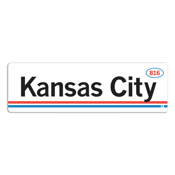 Retro style rectangular sticker. White base with a orange oval in the top right surrounding "816" in blue print. Black text to the left says, "Kansas City" with orange and blue lines below that.