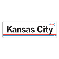 Retro style rectangular sticker. White base with a orange oval in the top right surrounding "816" in blue print. Black text to the left says, "Kansas City" with orange and blue lines below that.