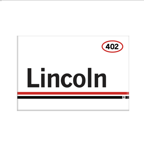 Retro style rectangular magnet. White base with a red oval in the top right surrounding 