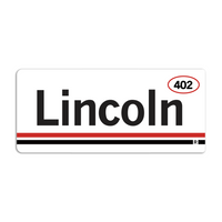Retro style rectangular sticker. White base with a red oval in the top right surrounding "402" in blue print. Black text to the left says, "Lincoln" with red and black lines below that.