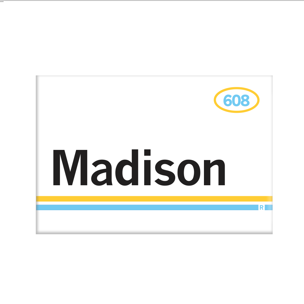 Retro style rectangular magnet. White base with a yellow oval in the top right surrounding "608" in light blue print. Black text to the left says, "Madison" with yellow and blue lines below that.