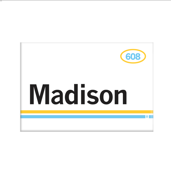 Retro style rectangular magnet. White base with a yellow oval in the top right surrounding 