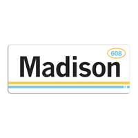 Retro style rectangular sticker. White base with a yellow oval in the top right surrounding "608" in light blue print. Black text to the left says, "Madison" with yellow and blue lines below that.
