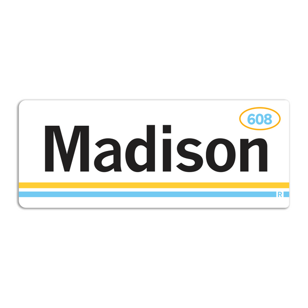 Retro style rectangular sticker. White base with a yellow oval in the top right surrounding 