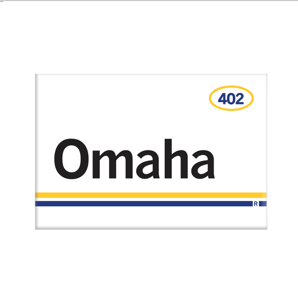 Retro style rectangular magnet. White base with a yellow oval in the top right surrounding 