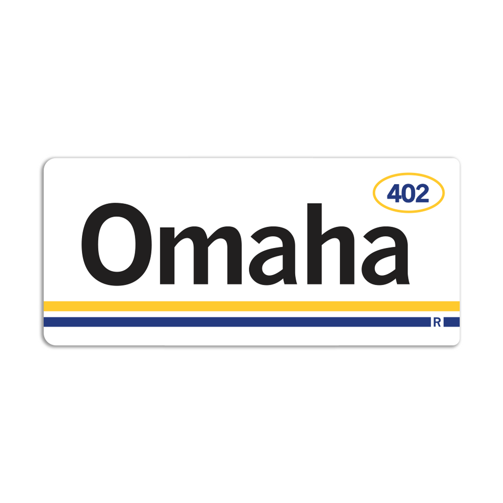 Retro style rectangular sticker. White base with a yellow oval in the top right surrounding "402" in blue print. Black text to the left says, "Omaha" with blue and yellow lines below that.