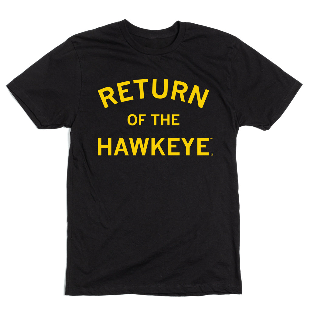 Black union made t-shirt with RETURN OF THE HAWKEYE printed in yellow text on the chest.