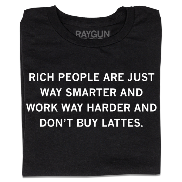 A folded black t-shirt with centered white ink text that says, 
