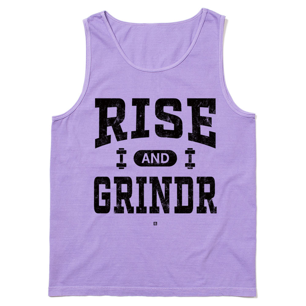 Heavyweight heavyweight violet tank top with black ink styled like a gym shirt with faded text that reads "Rise and Grindr."