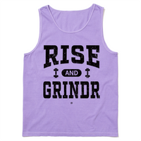 Heavyweight heavyweight violet tank top with black ink styled like a gym shirt with faded text that reads "Rise and Grindr."