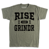 A heather military green t-shirt with black ink styled like a gym shirt with faded text that reads "Rise and Grindr" with dumbbells on either side of "and."