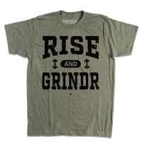 A heather military green t-shirt with black ink styled like a gym shirt with faded text that reads "Rise and Grindr" with dumbbells on either side of "and."