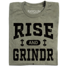 A folded heather military green t-shirt with black ink styled like a gym shirt with faded text that reads "Rise and Grindr"