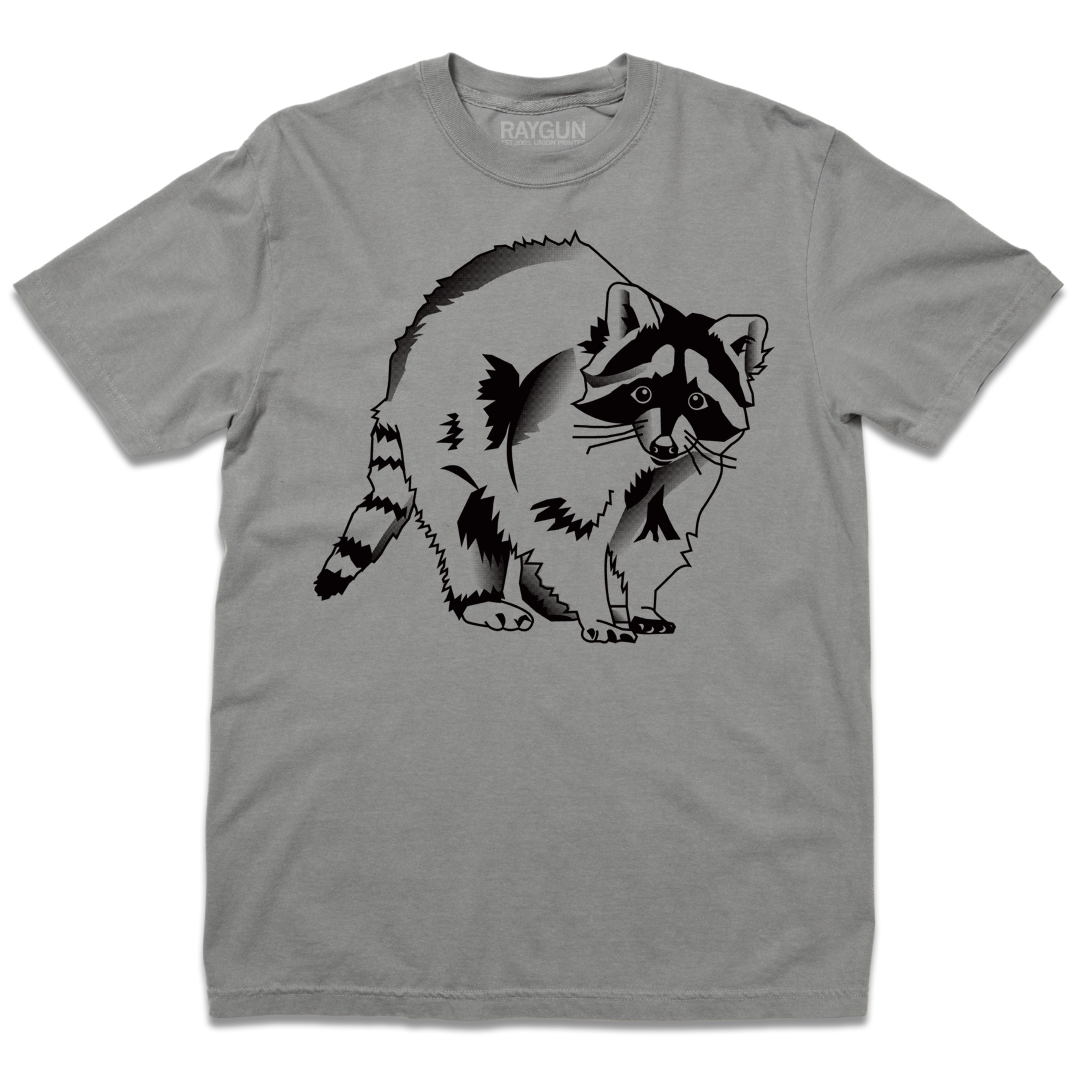 Heavyweight gray t-shirt featuring a black and white illustrated raccoon.