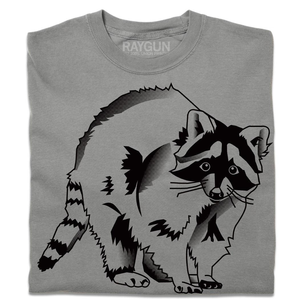 Heavyweight grey t-shirt featuring a black graphic of a raccoon.