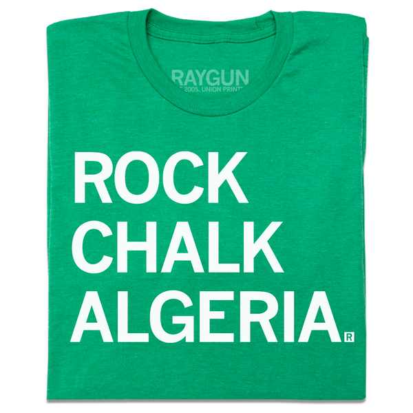 A folded heather green t-shirt with left-aligned white ink that reads 