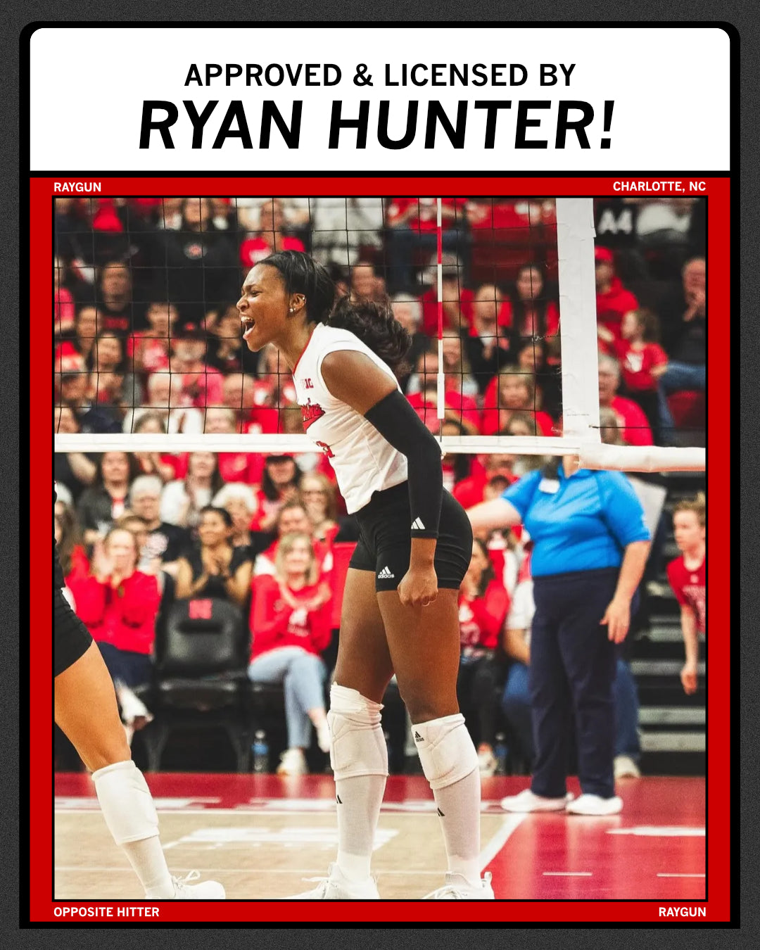 Promo image that says "Approved & Licensed by Ryan Hunter!" above a photo of her on the volleyball court.