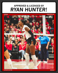 Promo image that says "Approved & Licensed by Ryan Hunter!" above a photo of her on the volleyball court.