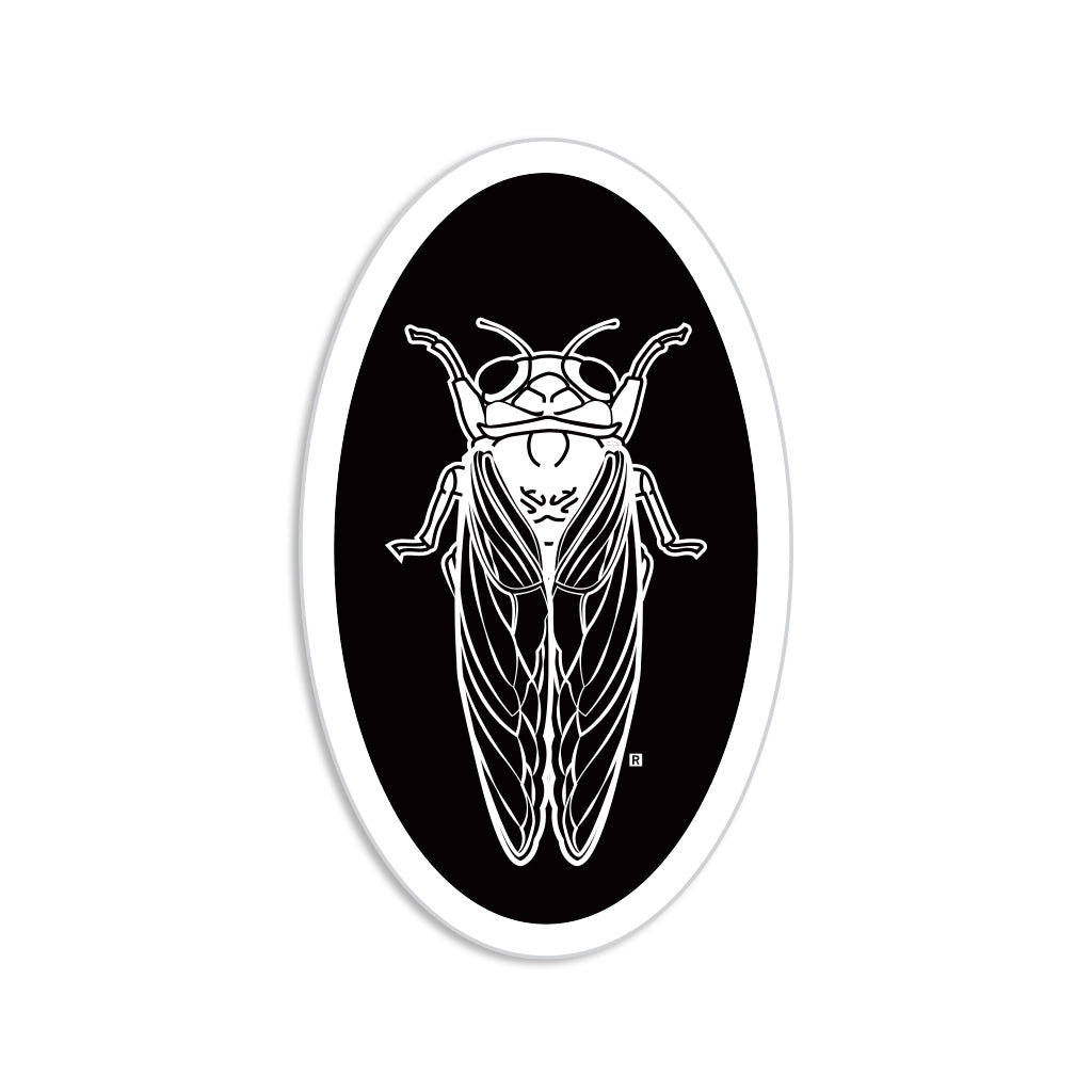 Oval die-cut sticker with a white line-art illustration of a cicada on a black background.
