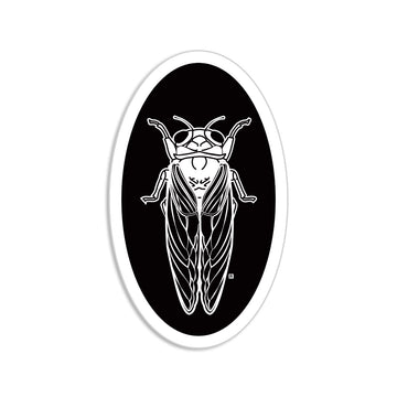 Oval die-cut sticker with a white line-art illustration of a cicada on a black background.
