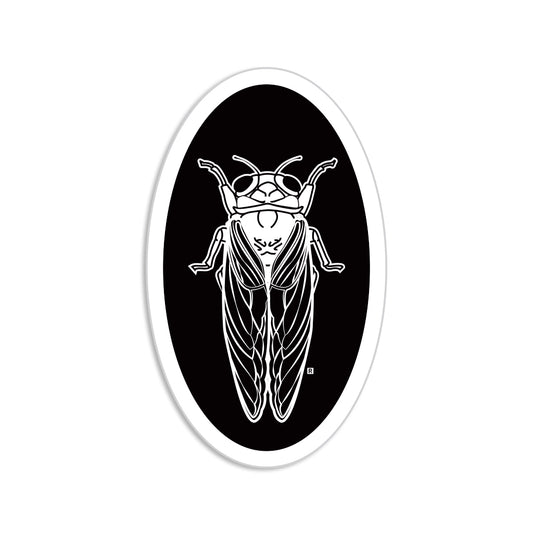 Oval die-cut sticker with a white line-art illustration of a cicada on a black background.