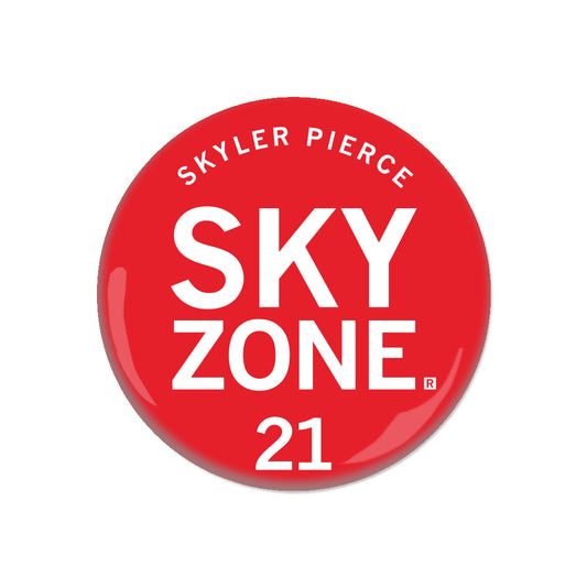 Red circular Sky Zone button featuring the text Skyler Pierce Sky Zone 21.