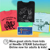 Three union labor t-shirts featuring graphics of a dragon, a rocket, and a dinosaur arranged above a flyer for NewBo STEAM Saturdays.