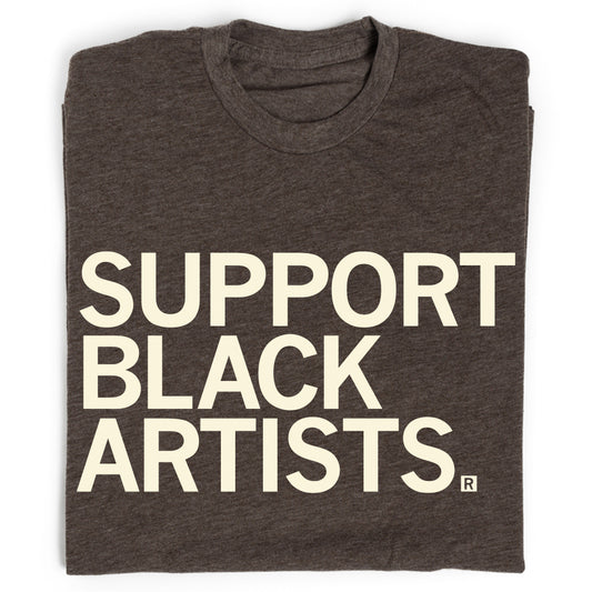 Dark gray union printed crew neck T-shirt with the text SUPPORT BLACK ARTISTS. in white capital letters.