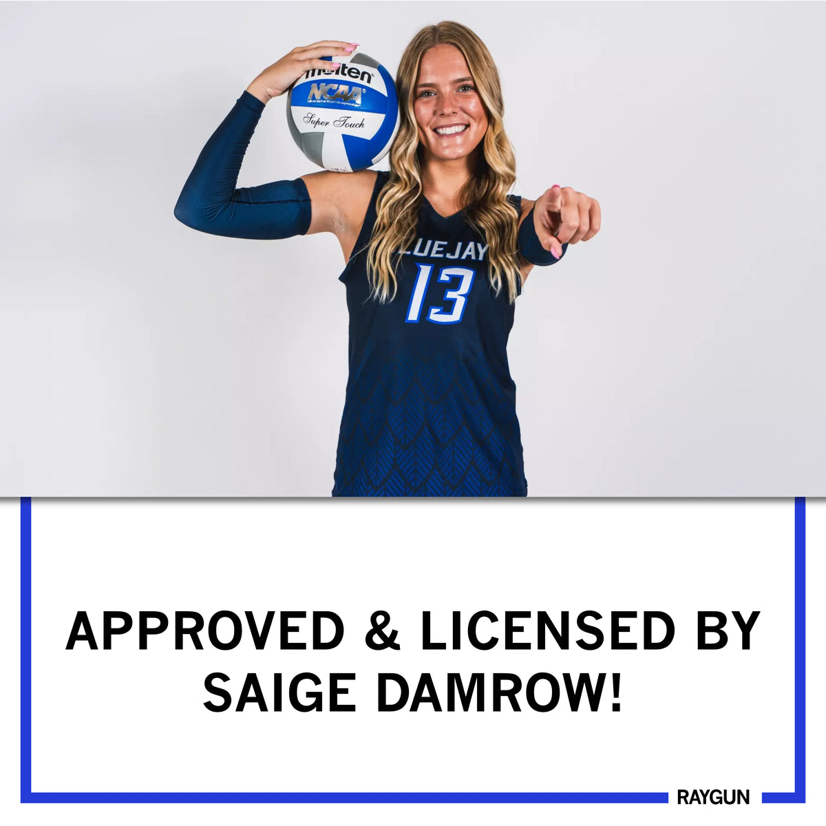 A volleyball player wearing an officially licensed heather royal blue t-shirt points at the camera while holding a volleyball, with text below reading: APPROVED & LICENSED BY SAIGE DAMROW!.
