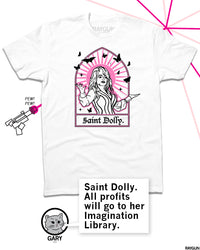 Promo pic using the same t-shirt but with Gary the Cat commenting at the bottom "Saint Dolly. All profits will go to her Imagination Library."