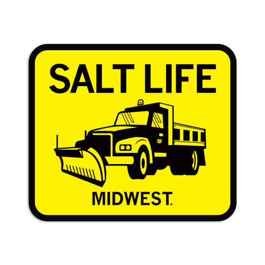 Yellow rectangular Salt Life Midwest vinyl sticker featuring a black silhouette of a plow truck with the text SALT LIFE above the truck and MIDWEST below it.
