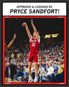 Nebraska basketball player Pryce Sandfort, wearing number 21, jumps to shoot a basketball in a crowded arena.