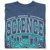 Blue science t-shirt featuring the word SCIENCE above laboratory glassware and the text Observe, Research, Hypothesize and Make mistakes, take chances, get messy!.