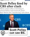 A Scott Pelley t-shirt featuring a headline about him being fired by CBS, with a photo of Pelley in front of a CBS logo and a cartoon cat speech bubble that reads, Scott Pelley can see BS.