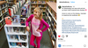 A librarian in a pink outfit, wearing a union made books t-shirt, stands next to a library bookshelf display of Taylor Swift-themed books.