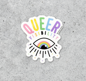 A Sarah Epperson sticker reading QUEER VISIBILITY above a stylized eye with a rainbow iris.