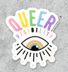 A waterproof die-cut sticker by Citizen Ruth that reads QUEER VISIBILITY in colorful letters above a stylized eye with a rainbow iris.