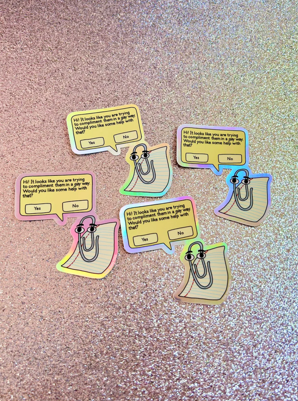 Peach Fuzz: Gay Clippy Holographic Sticker
