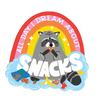 A waterproof vinyl sticker of a raccoon eating a snack in front of a rainbow, surrounded by various food items and the text All day I dream about snacks.